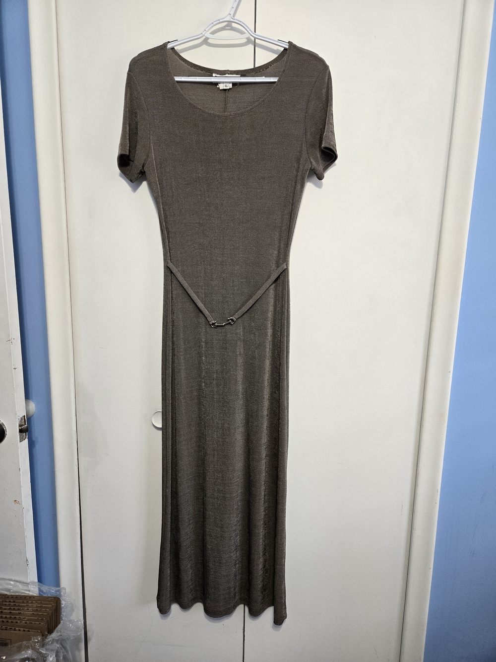 Vintage 90s Francine Browner Metallic Brown Maxi Dress L Belted Stretch